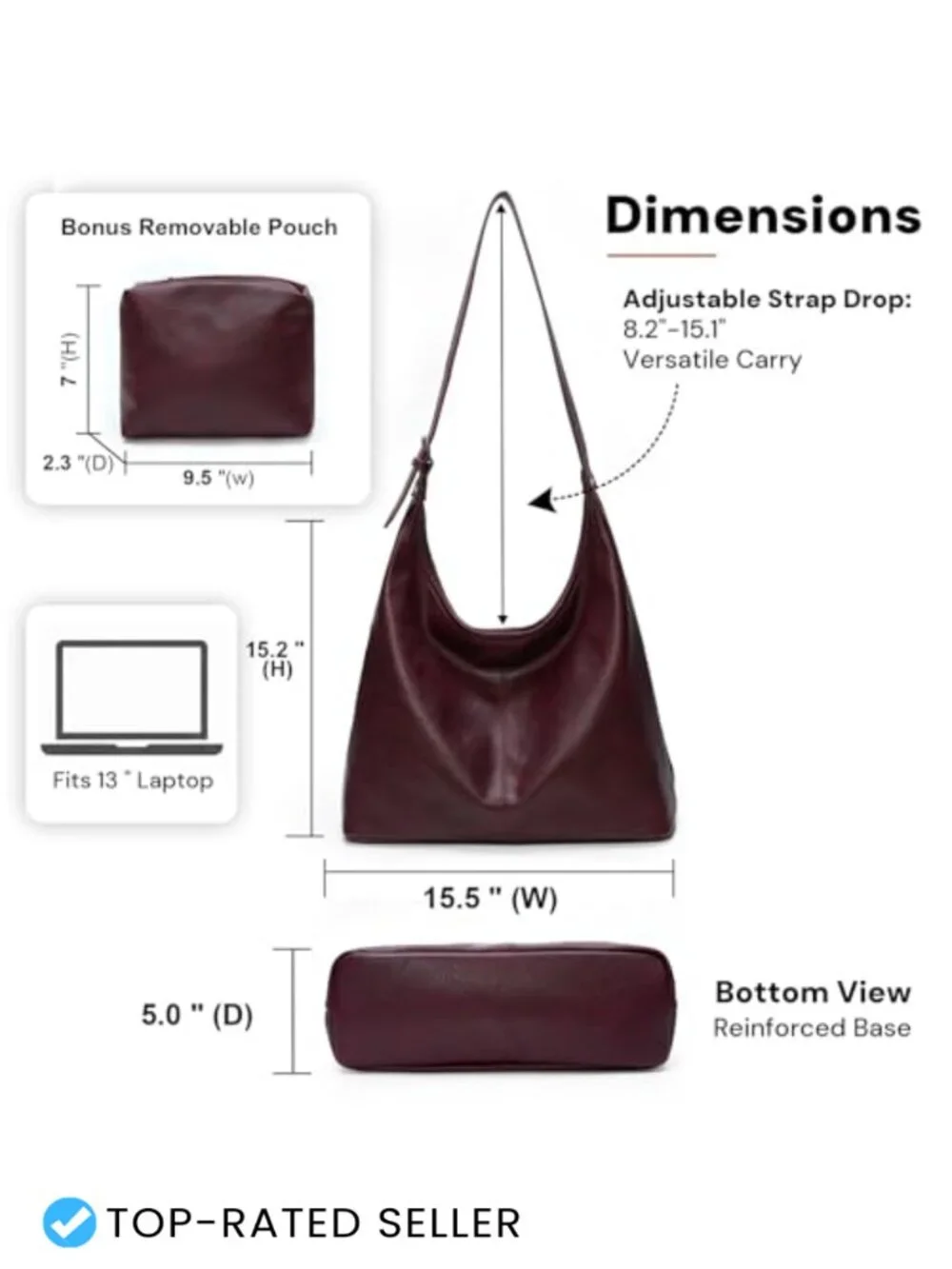 Vegan Leather Slouchy Hobo Shoulder Tote with Matching Pouch, Laptop Bag